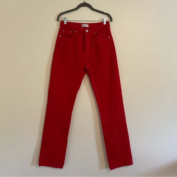 Zara Red Straight Leg Women Jeans Pants 6 Button Fly Casual Streetwear Holiday - Picture 2 of 16